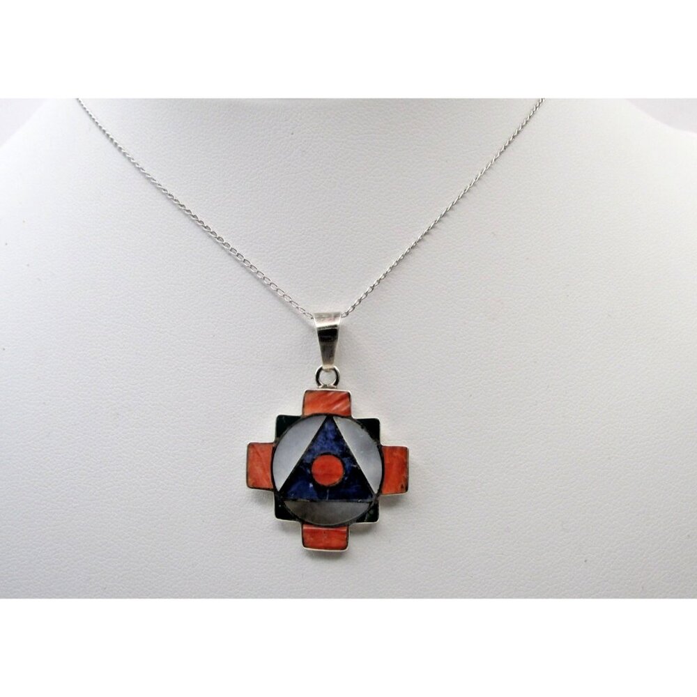 950 Sterling Silver Peruvian Chakana W/ Gemstones inlay Pendant Necklace